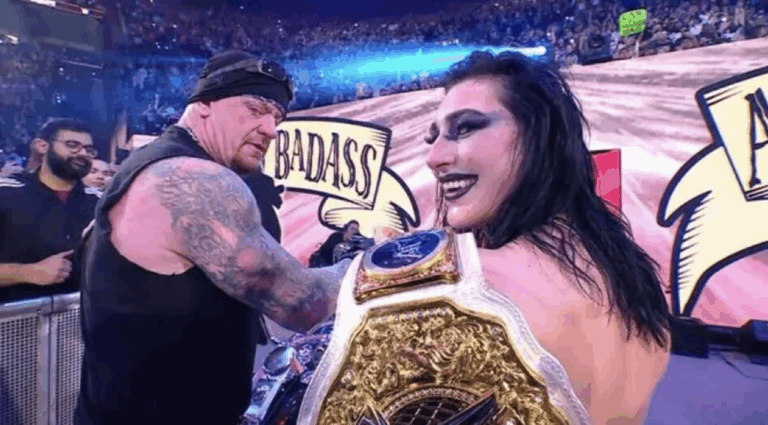 Undertaker as American Bad Ass and Rhea Ripley celebrate on Raw on Netflix